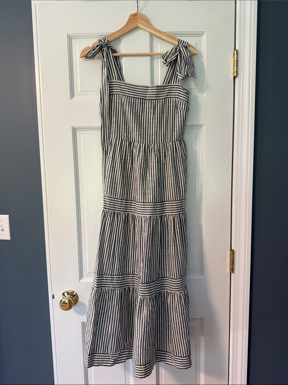 Striped Tie-Shoulder Midi Dress in Black and White